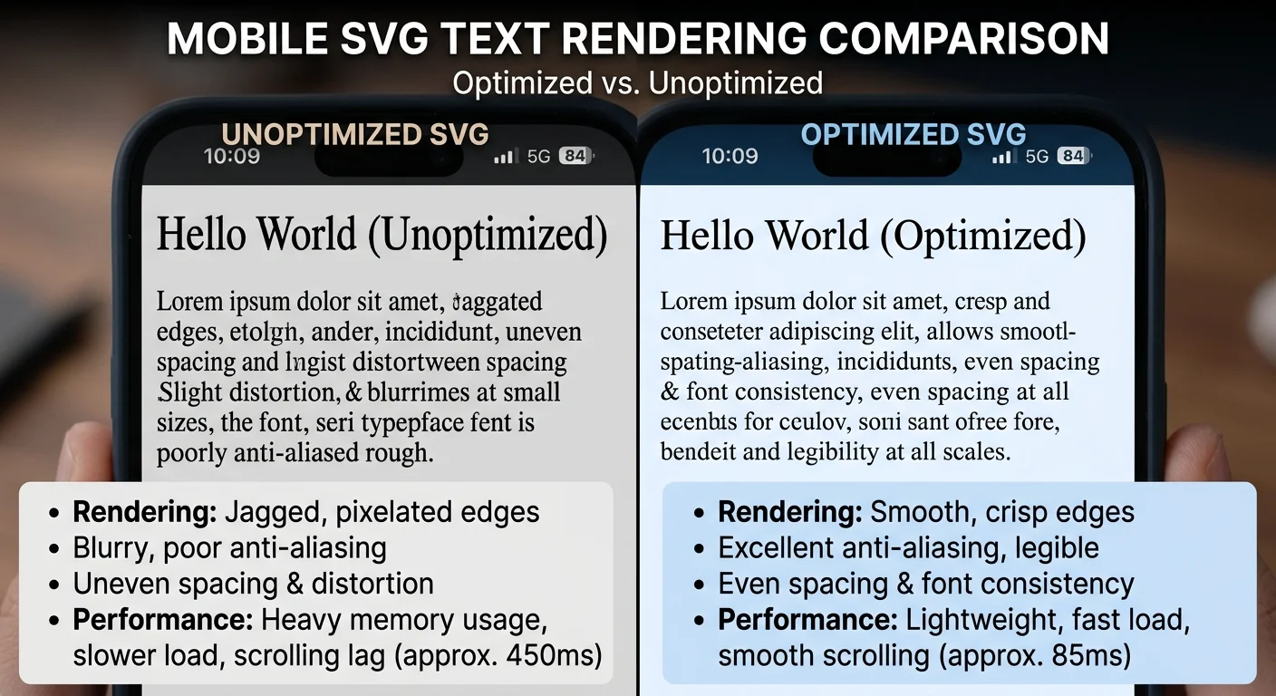 Screenshot showing clean SVG text output versus bloated SVG with rendering artifacts on a mobile device