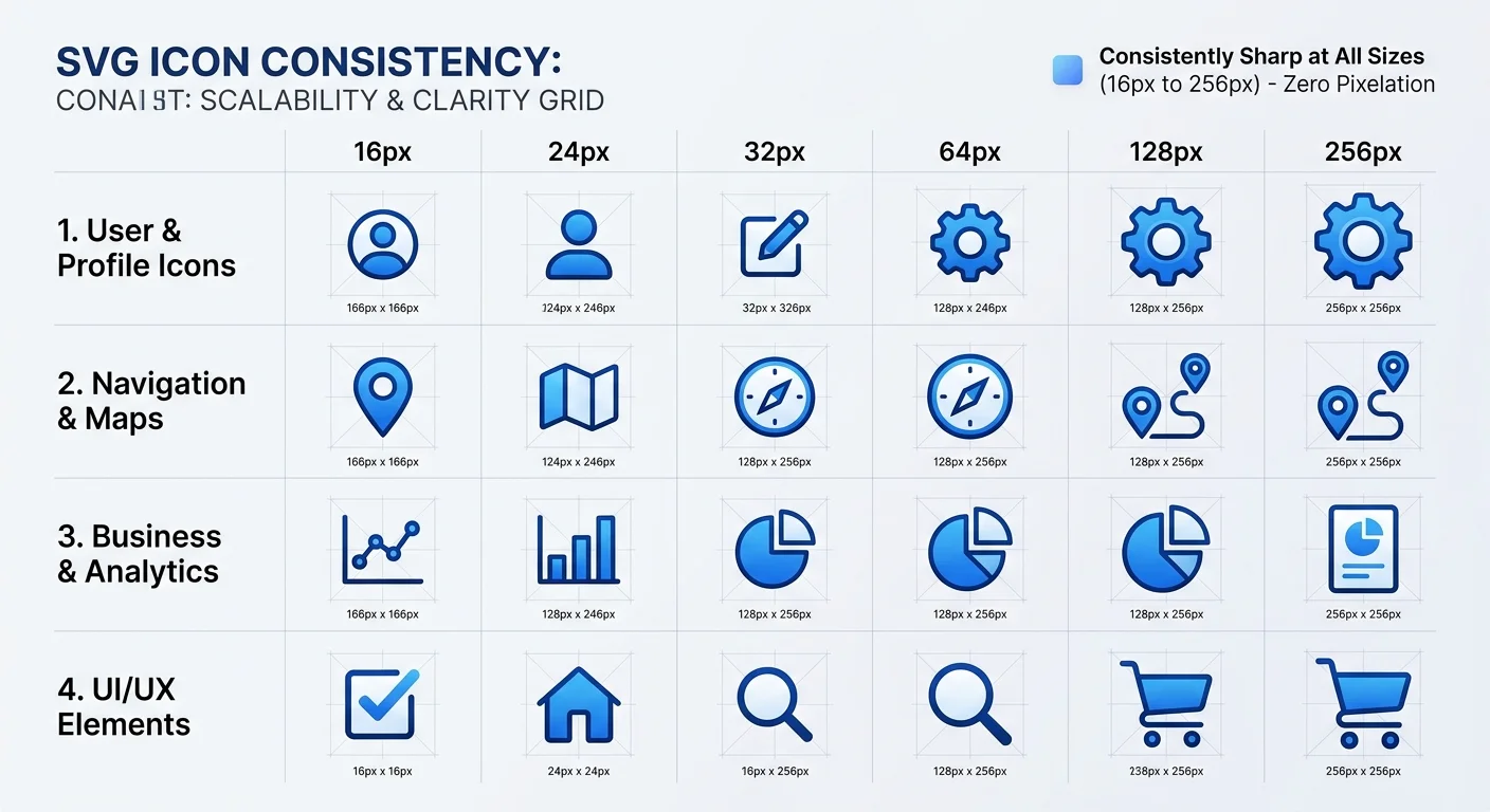 SVG icons rendered at 16px, 24px, 32px, and 48px showing scalable quality